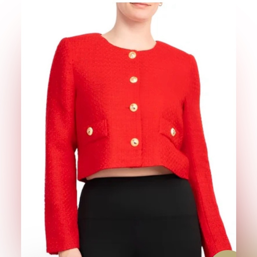 NWT Tahari Long Sleeves Collarless Round Neck Button Down Cropped Weed Jacket